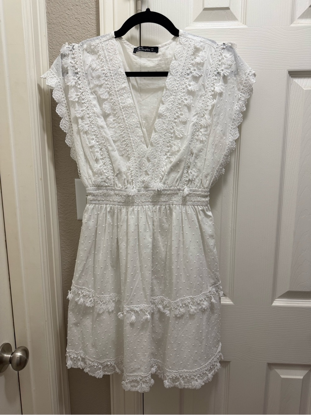 Simplee Apparel White V-Neck Eyelet & Lace Mini Dress